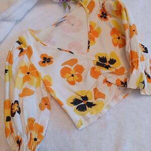 Floral V-Neck Blouse - Orange and Yellow
